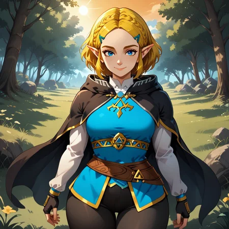 score_9, score_8, BREAK, Zelda (The Legend of Zelda: Tears of the Kingdom), adult female,short blonde hair,blue eyes,side-swept bangs,blue eyes,medium breasts,curvy,Thin waist, leather cape, fingerless Black gloves, wearing a royal blue tunic with golden embroidery and a Triforce symbol, black fitted pants, brown leather boots, sexy pose, self portrait, smile, outdoors, sunlight, shadows, evening lighting, natural lighting, forest, trees, grass, orange sky, sunset