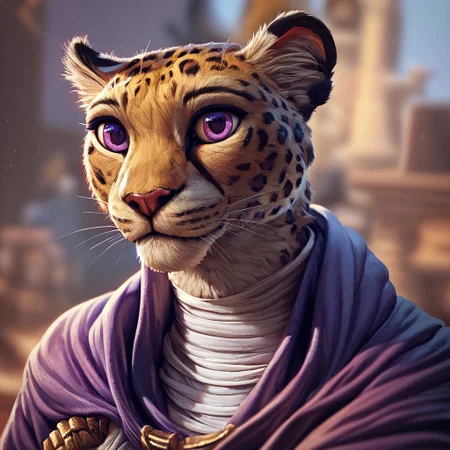 (((beautiful, detailed, high quality))), upper Body, score_9, score_8_up, score_7_up,
tabaxi, tabaxi leopard,
1male, purple eyes, purple cape, bandages,
looking at the viewer, posing, blurred background, blurred fantasy background,