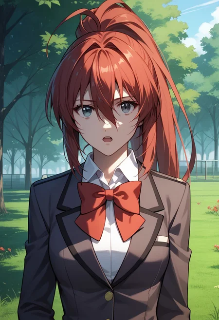 score_9,score_8_up,score_7_up,source_anime, Rin Azuma,1girl,solo,long hair,looking at viewer,open mouth,brown hair,long sleeves,bow,ribbon,hair between eyes,school uniform,jacket,upper body,ponytail,red hair,outdoors,bowtie,red bow,tree,blazer,grass,red bowtie,