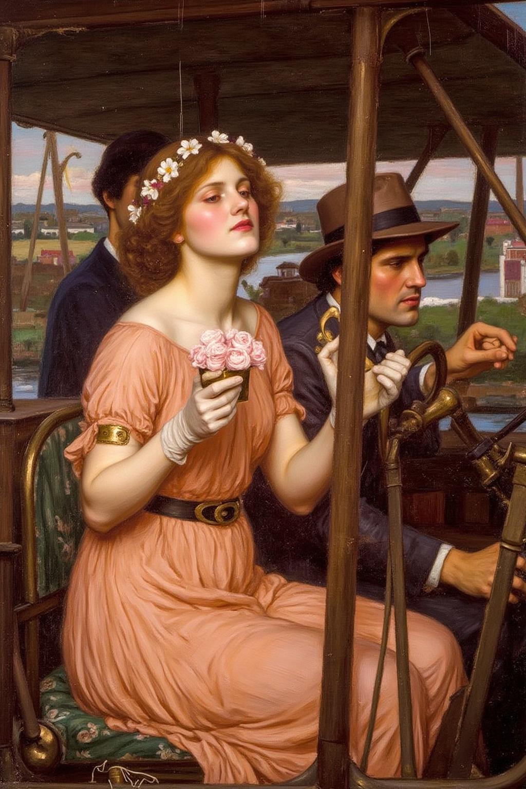 jwwaterhouse1 painting. 
A romantic scene of a couple on a vintage biplane. The woman, in the foreground, is a stylish woman with curly blonde hair adorned with a flower garland and wearing a light, flowing, peach-colored dress with a wide belt, a matching hat, and gloves. The man is piloting the biplane with his hands firmly on the steering wheel. <lora:jwwaterhouse1_cap_d6a3e11:1.0><lora:829537916637197332:0>