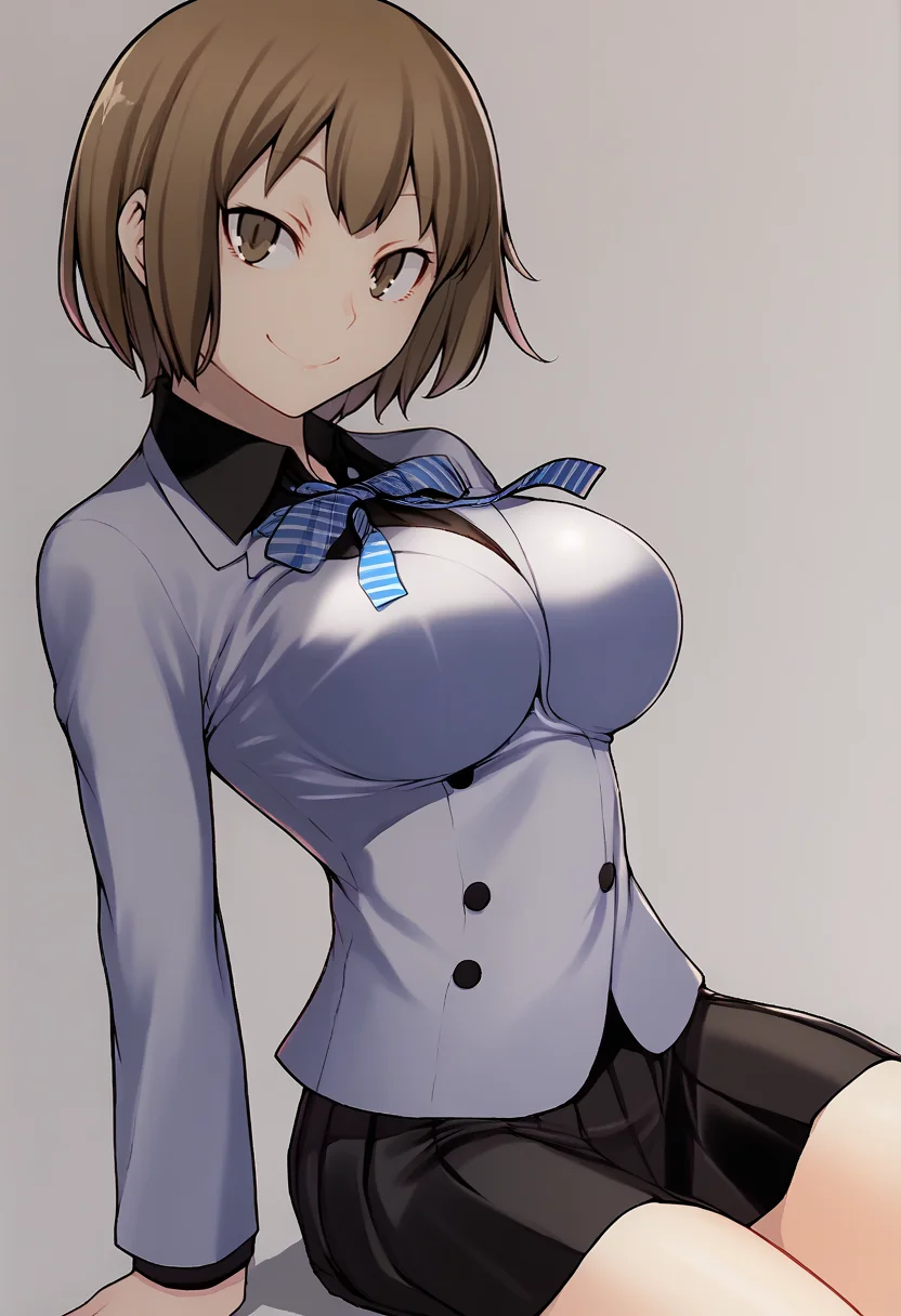 score_9, score_7_up BREAK solo, 1girl, smile, looking at viewer,  <lora:Yasuda-Suzuhito_GLoRA-pdxl_Fp:1>, <lora:Io-pdxl_Fp:0.8>, iodesu2, short hair, brown hair, brown eyes, school uniform, ribbon, collared shirt, black skirt, large breasts,