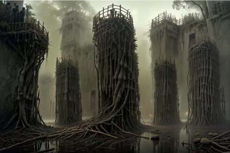 swamp, mangroves, city in the swamps, ghostly horror, tight spiral staircase, misty, outdoor, cinematic,photorealistic, SLR, death, beauty, peaceful, 8k, extremely high-quality artwork, sharp details, intricate, highly detailed, <lora:sdxl_lora_beksinski-000018:1>,digital artwork by Beksinski,<lora:JuggerCineXL2:1>, <lora:add-detail-xl:1.5>