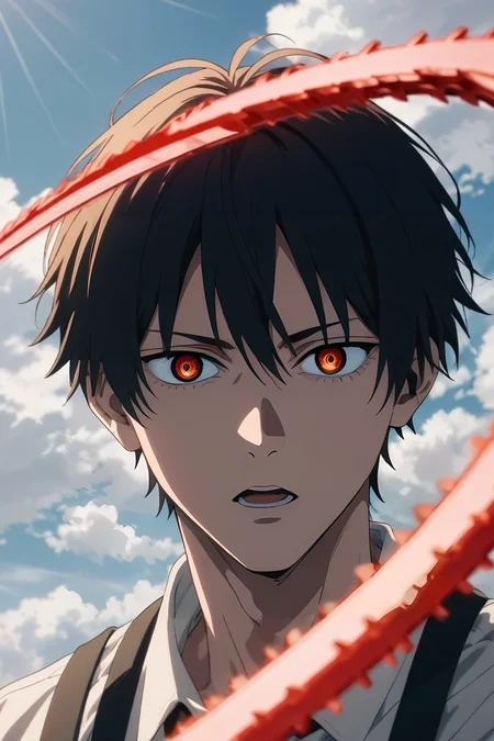 score_9, score_8_up, score_7_up, source_anime, rating_safe, intricate details, anime screencap, , , , , 1boy, male focus, ruby eyes, chestnut hair,, solo, straight-on, grand canyon, day, clouds, holding weapon, open mouth, <lora:chainsaw_man_style_pony:0.54>, chainsaw_man_style, , <lora:sdxl_lightning_8step_lora:1>