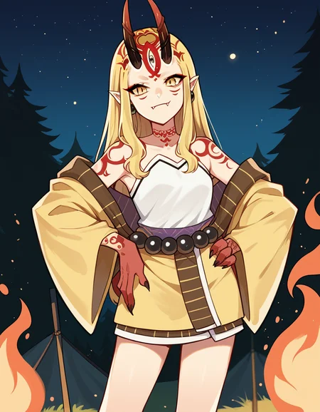 score_9, score_8_up, score_7_up, source_anime, <lora:fgo-ibaraki-douji-ponyxl-lora-nochekaiser:1>, ibaraki douji, blonde hair, facial mark, fang, forehead, horns, long hair, oni, oni horns, pointy ears, yellow eyes,, earrings, japanese clothes, jewelry, kimono, leg tattoo, neck tattoo, oni, oni horns, shoulder tattoo, tattoo, yellow kimono,, camping, bonfire, tent, stargazing, marshmallows, forest clearing, night, , looking at viewer, hand on hip, solo,, cowboy shot, dutch angle