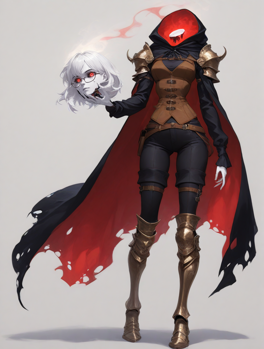 high quality, best quality, masterpiece, highres, very aesthetic, absurdres, <lora:illustrious_quality_modifiers_masterpieces_v1:1>, <lora:NSFWFilter_illusXL_Incrs_v1:-.5>, solo , dynamic pose, full body, wide shot, 
glasses, dullahan, monster girl, <lora:sdxlpony_disembodiedhead-t1:1.65>, disembodied_head, holding head, undead, medium hair, white hair, red eyes, glowing eyes, pale white skin, small breasts, shoulder armor, black cloak, two-sided cloak, red inner cloak, hood, black shirt, long black sleeves, brown leather vest, black pants, armored boots, alternate outfit, thighhighs
, simple background, <lora:RibbitStyle:1> Ribbit