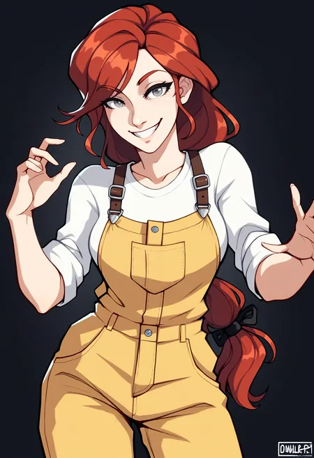 score_9, score_8_up, score_7_up, score_6_up, score_5_up, score_4_up,
BREAK
1girl, abella funger, red hair, grey eyes, low-tied long hair, long hair, hair ribbon, tied hair, swept bangs, smile,
BREAK
solo, standing, yellow overalls, brown takn top,
BREAK
black background, simple background, dynamic pose, dark, <lora:Lunas-Abella-Funger-SDXL-A1:1> <lora:Lunas-Owler-SDXL-A1:1>