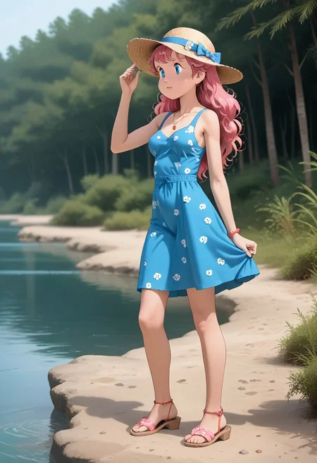 score_9_up, score_8_up, score_7_up, score_6_up, masterpiece, best quality, high quality, newest, highres, cote_style, 1girl, pink hair, long hair, blue eyes, medium breasts, summer dress, sandals, hat, outdoor, river, playing with puppy