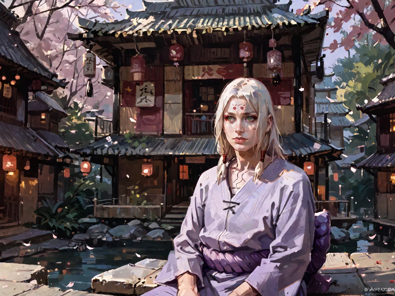 <lora:NarutoConceptStyle:0.8>, <lora:k1m1maro:0.8>, adult man, k1m1maro, green eyes, red eyeliner, forehead mark, white hair, long hair, tan tunic, long sleeves, purple rope belt, very long sleeves, male focus, sitting, japanese village, outdoors, solo, asian architecture, looking away, night, upper body, <lora:AlexanderMandradjiev:0.8>, zPDXL3, score_9, score_8_up, score_7_up, score_6_up, score_5_up, score_4_up, realistic, real, hyper realistic, (source_real:1.3)