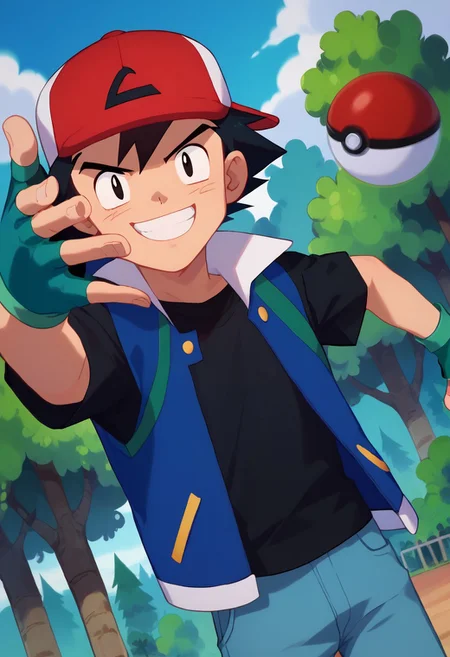 score_9, score_8_up, score_7_up, EminemThrowingMeme, motion lines, motion blur, throwing, (throwing object:1.2), pokeball, throwing pokeball, dutch angle,
solo, 1boy, ash3, black hair, black eyes, happy, grin, red hat, baseball cap, blue jacket, white sleeves, short sleeves, black shirt, fingerless gloves, jeans,
outdoors, trees, sky,