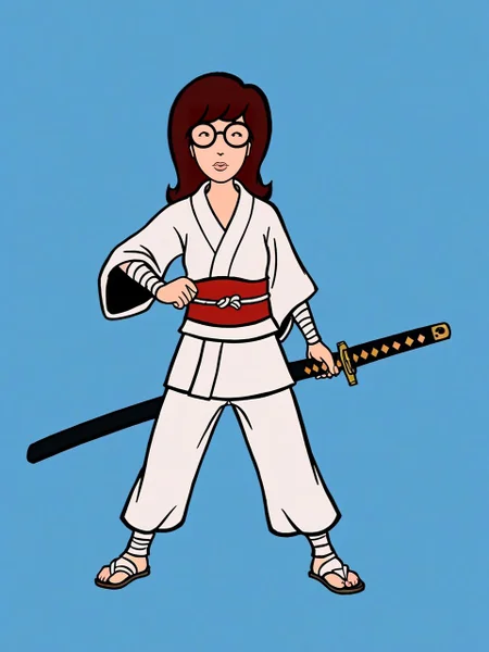 simple background, blue background, 1girl, solo, full body, <lora:dariaTV_PDXL new:1.0> dariaTV, dot eyes, (topknot:1.1), glasses, lips, samurai, japanese armor, holding sword, katana,