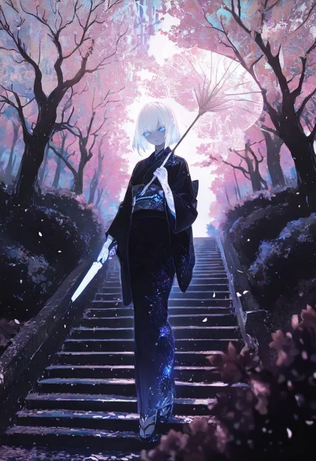 masterpiece, best quality, good quality, very awa, newest, highres, absurdres, 1girl, solo,
Cherry blossom,
limited palette, sketch, glowing, psychedelic,
BREAK
ambient occlusion, raytracing, soft lighting, blum effect, masterpiece, absolutely eye-catching, particles, glow, shining, intricate cinematic background, (beautiful face), looking seductive, coy. dynamic action image,
BREAK
masterpiece,amazing quality,best quality,ultra-detailed,8K,illustration,CG, ultra-detailed-eyes, detailed background,cute girl, eyelashes, erotic, petals falling,
Cherry blossom, blurry foreground, branch
BREAK
(sexy, slutty, hot, aroused)
Automaton, colored skin, robot girl, robot joints, white hair, blue eyes, short hair, metal_skin, barcode,
BREAK
flower, outdoors, day, blurry, tree, petals, leaf, sunlight, plant, building, scenery, nature, blurry foreground, stairs, bush, wide shot, dappled sunlight, falling leaves, limited palette, kimono, holding umbrella,