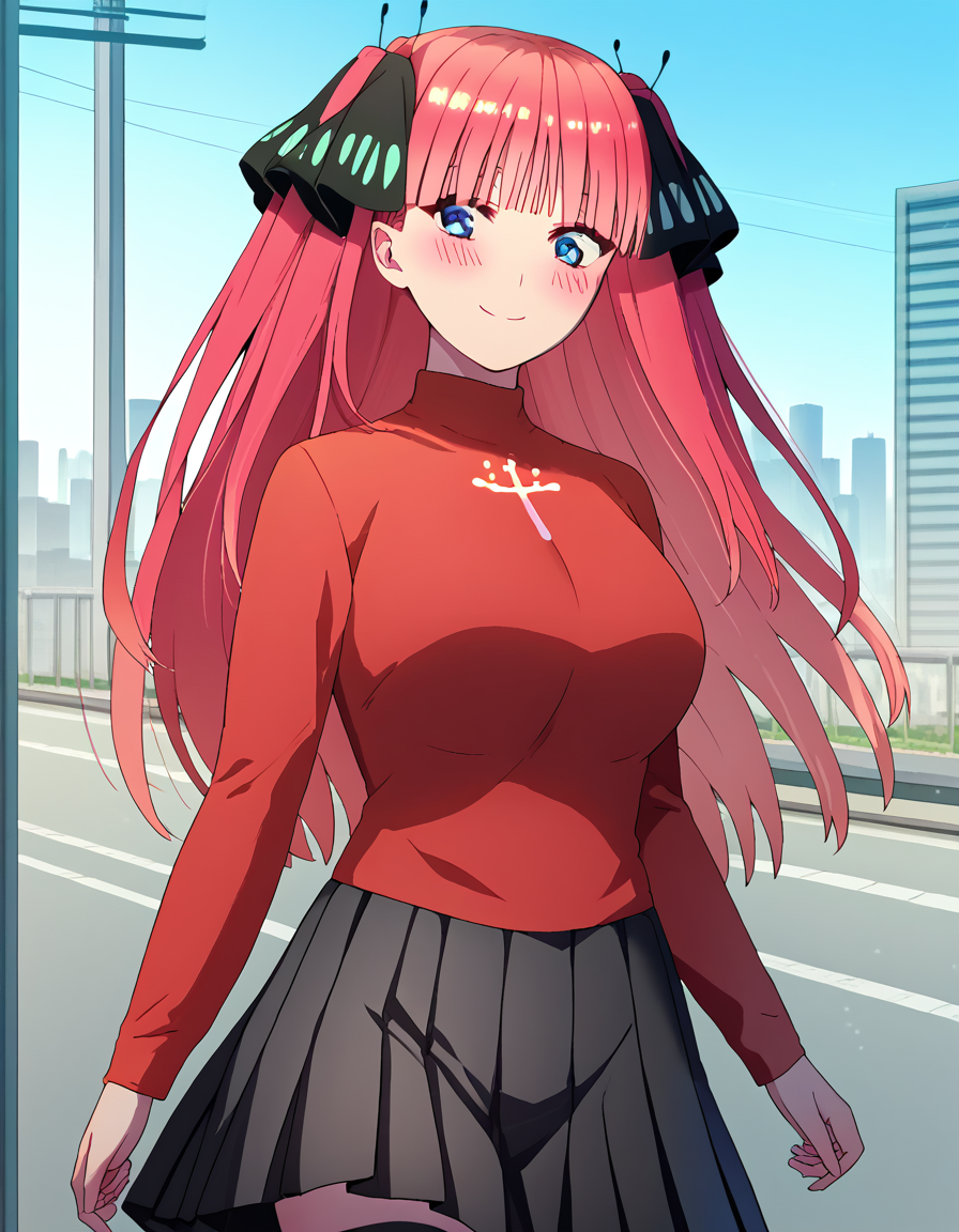 score_9, score_8_up, score_7_up, source_anime, <lora:nnakano-s2-ponyxl-lora-nochekaiser:1>, long hair, bangs, blue eyes, hair ornament, hair ribbon, pink hair, blunt bangs, two side up, butterfly hair ornament, mature female, large breasts,, <lora:rin-tohsaka-cosplay-ponyxl-lora-nochekaiser:1>, rintohsakacosplay, tohsaka rin \(cosplay\), black skirt, black thighhighs, long sleeves, miniskirt, pleated skirt, red sweater, skirt, sweater, thighhighs, turtleneck,, cityscape, street, smile, blush,, cowboy shot, dutch angle, solo,