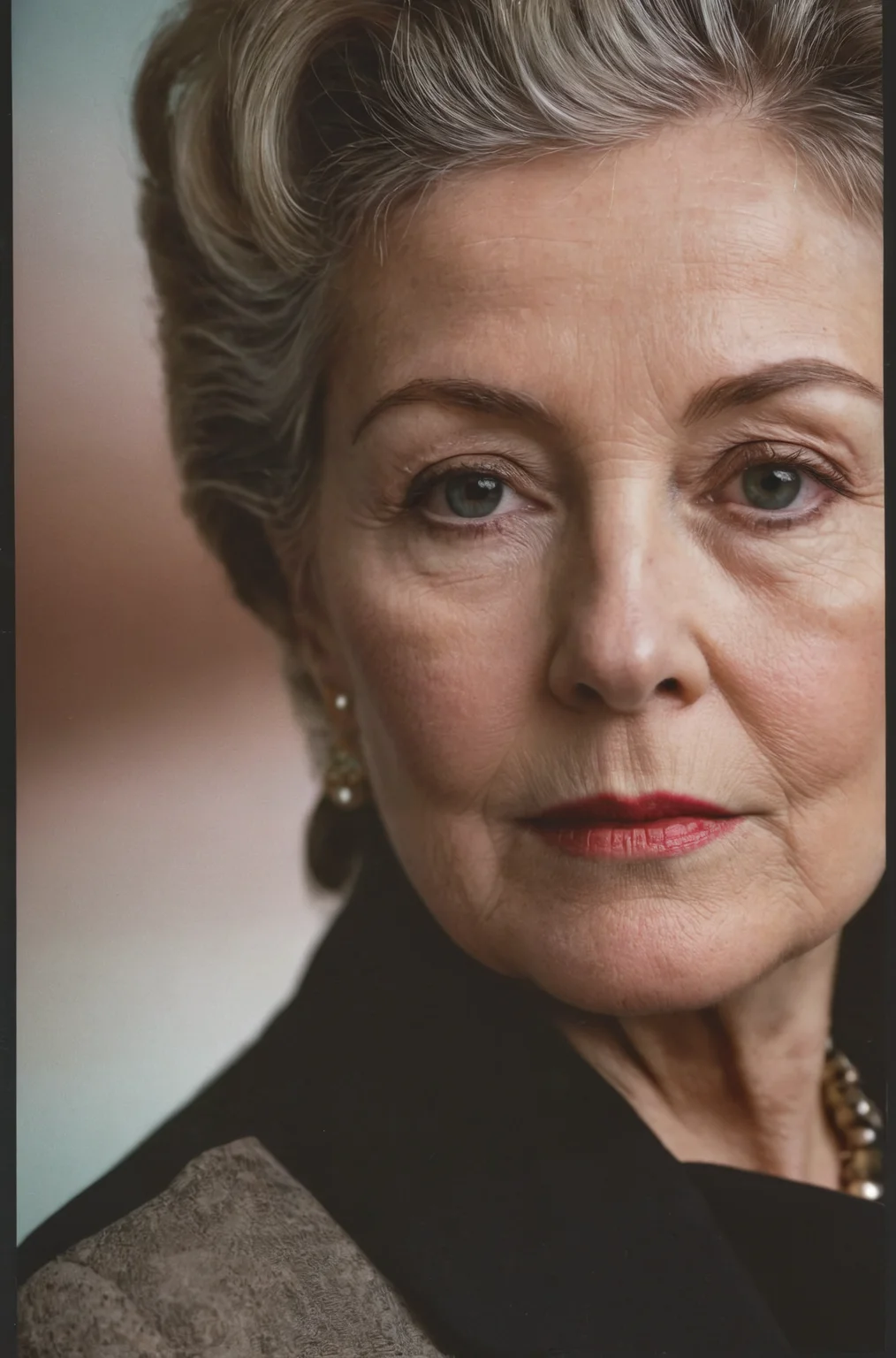 Hyperdetailed photograph, an old female politician, stern, powerful, charismatic, analog photography, underexposed, ambient lighting, vivid vibrant colors, sharp detailing, chiaroscuro, hard light, magazine cover