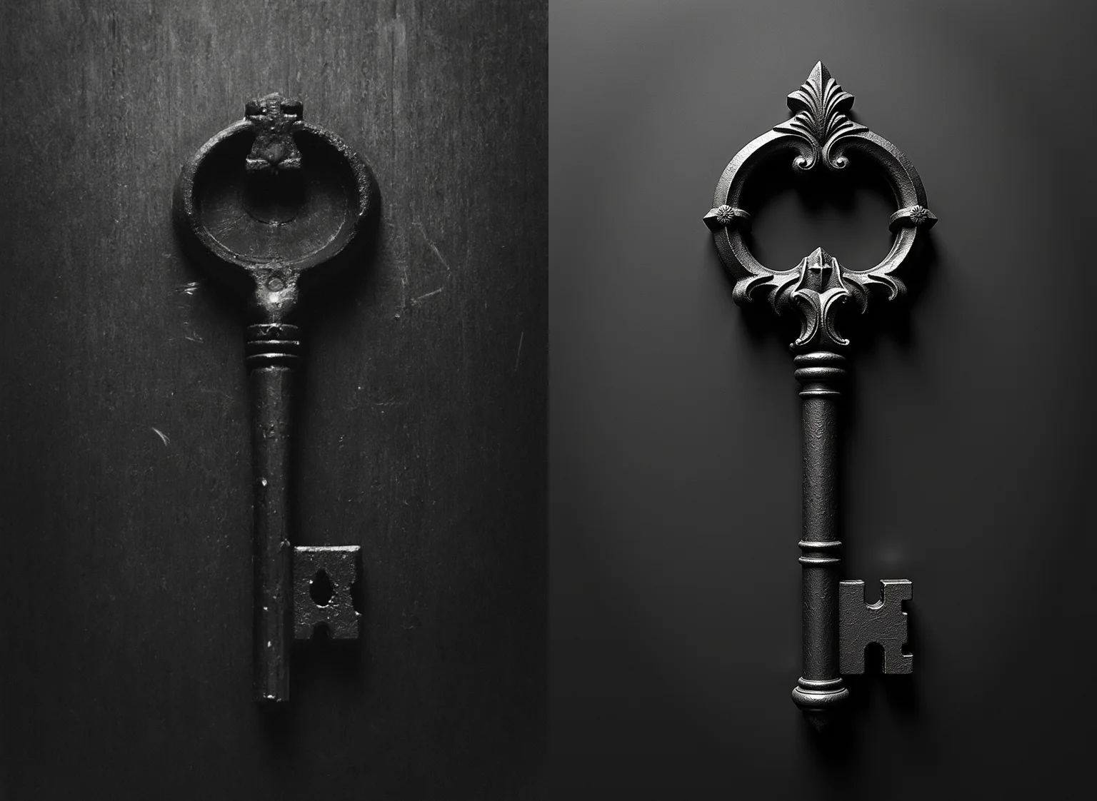 sinister, eerie, 01dPh0t0, black and white photo, an old Victorian key, occult