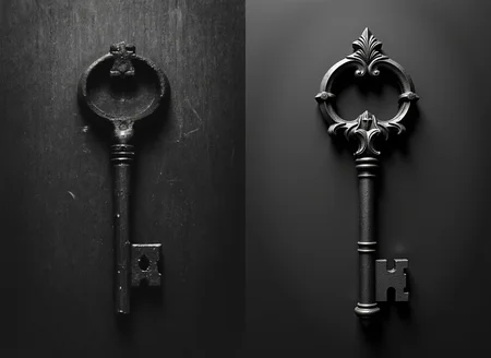 sinister, eerie, 01dPh0t0, black and white photo, an old Victorian key, occult