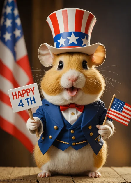 hamster uncle sam holding sign  sign: "happy 4th" <lora:add-detail-xl:1>,  epic shot, sharp image, dramatic lighting, highest quality, 8k, vivid colors
