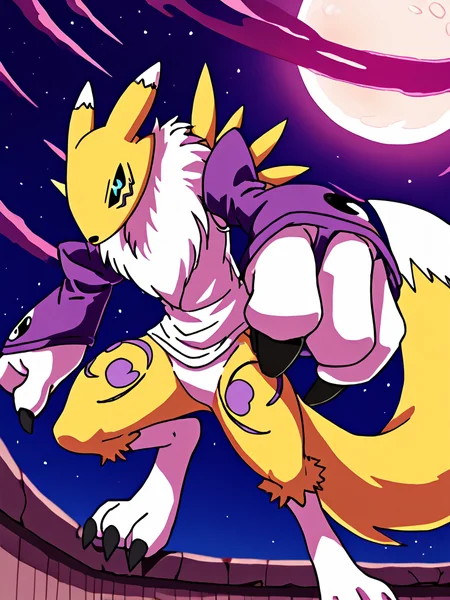 score_9, score_8_up, score_7_up, volumetric lighting, renamon, bangs, white shirt, claws, full moon, <lora:digimon_pony_v1_mx:0.95>