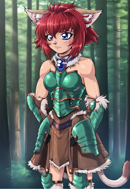 marinbravesoul, 1girl, solo, standing, blue eyes, full body shot, cat ears, cat tail, red hair, green armor, bare shoulder, brown skirt, fur chocker, forest, <lora:MarinBraveSoulV2_telr0.0003:0.95>, <lora:shadman_style_v4:0.9>