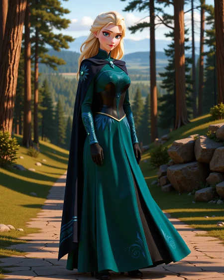 -looking at viewer, outdoors daylight, a 20 year old adult mature woman.
3d CGI Style, side view photo of.
<lora:Frozen_-_Elsa_v2_000030:1> f-elsa, blue eyes, blonde hairdark teal long-sleeved dress with black bodice, blue patterns, dark cloak, gloves, traveling boots
Upper Body view passport style