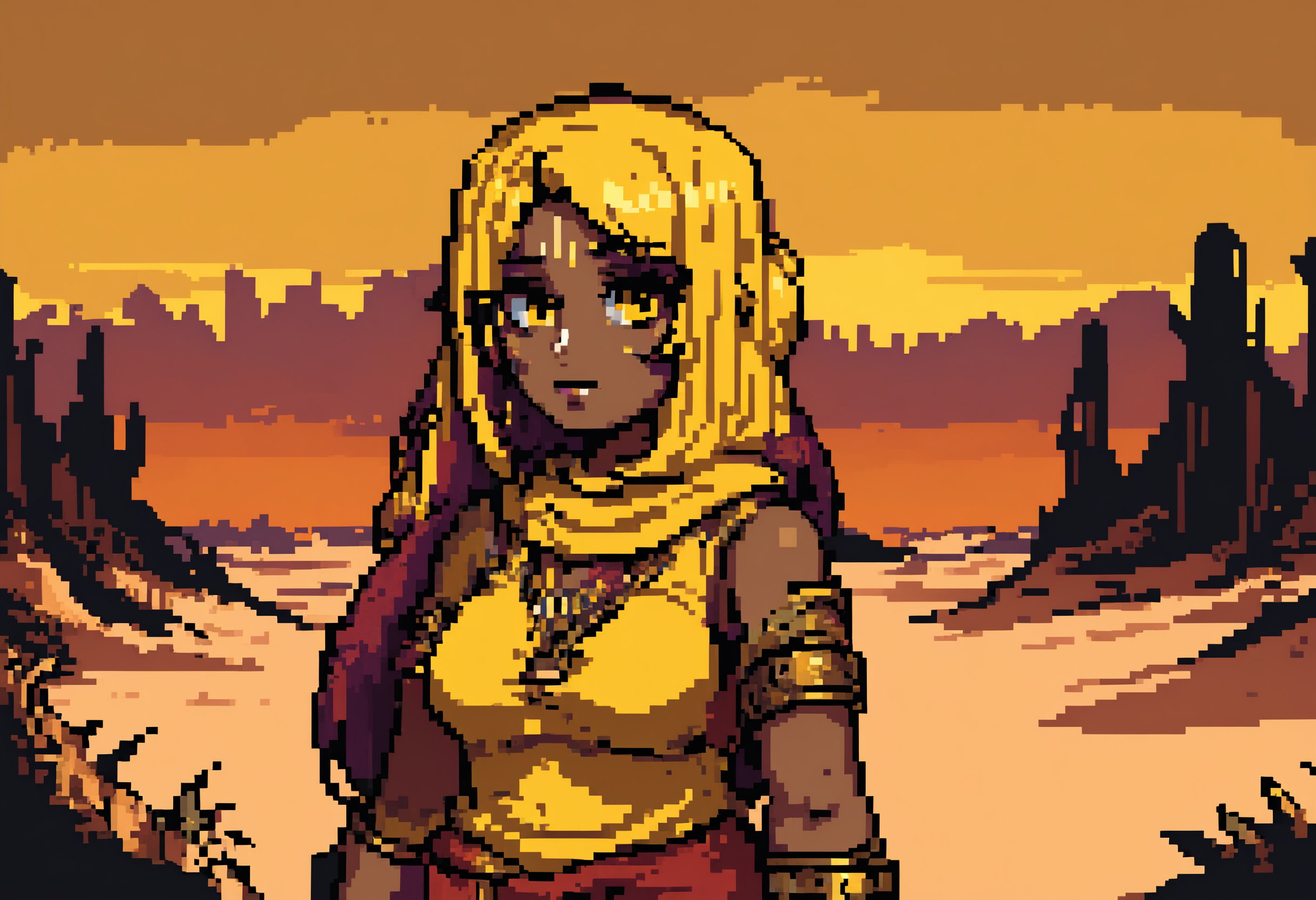 high-definition 8k comicish artwork in dgst artstyle of an arab woman in a desert with a yellow sky, comicish artwork in dgst artstyle <lora:SDXL1.0_Essenz-series-by-AI_Characters_Style_DarkestDungeonChrisBourassa-v1.2:1>