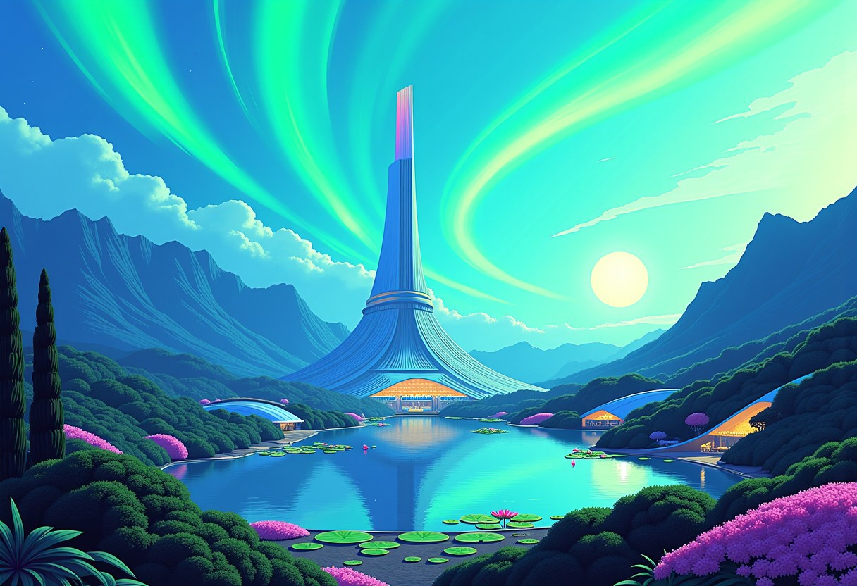 Planet Xylophia-IV, a stunning celestial body known for its breathtaking landscapes, making it an attractive destination for human colonization and terraforming efforts in the late 22nd century.
Soft, serene sky with blues gradating into vibrant, electric turquoise towards the horizon; delicate, swirling patterns of iridescent green and gold dance across the upper atmosphere.
A tranquil, crystal-clear lake reflects the aurora's ethereal dance, its surface dotted with lotus-like, bioluminescent flora that pulse in harmony with the planet's natural energy; undulating, emerald-green hills rise gently, covered in a lush, alien vegetation that shimmers with a subtle, rainbow hue; the rugged, sapphire-blue mountain range stretches across the horizon, its peaks hiding ancient, alien ruins and mysterious energy sources.
The center object is a majestic, spiral-shaped skyscraper, that pierces the sky, its surface adorned with a latticework of neon-lit, retro-futuristic accents; the spire serves as New Eden's heart, housing the colony's administration, a renowned intergalactic research center, and a luxurious, zero-gravity hotel.
As the dual suns dip below the horizon, New Eden transforms with a warm, golden lighting scheme, accentuating the retro-futuristic elements and casting a magical glow across the landscape.
Panoramic shot from a elevated vantage point, capturing the entirety of New Eden, the lake, and the majestic distant mountain ridge.