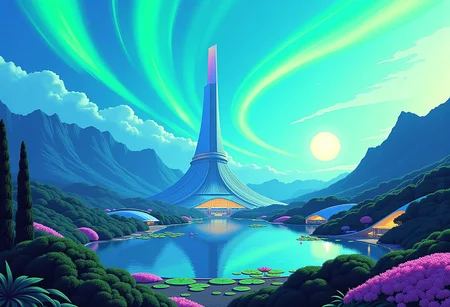 Planet Xylophia-IV, a stunning celestial body known for its breathtaking landscapes, making it an attractive destination for human colonization and terraforming efforts in the late 22nd century.
Soft, serene sky with blues gradating into vibrant, electric turquoise towards the horizon; delicate, swirling patterns of iridescent green and gold dance across the upper atmosphere.
A tranquil, crystal-clear lake reflects the aurora's ethereal dance, its surface dotted with lotus-like, bioluminescent flora that pulse in harmony with the planet's natural energy; undulating, emerald-green hills rise gently, covered in a lush, alien vegetation that shimmers with a subtle, rainbow hue; the rugged, sapphire-blue mountain range stretches across the horizon, its peaks hiding ancient, alien ruins and mysterious energy sources.
The center object is a majestic, spiral-shaped skyscraper, that pierces the sky, its surface adorned with a latticework of neon-lit, retro-futuristic accents; the spire serves as New Eden's heart, housing the colony's administration, a renowned intergalactic research center, and a luxurious, zero-gravity hotel.
As the dual suns dip below the horizon, New Eden transforms with a warm, golden lighting scheme, accentuating the retro-futuristic elements and casting a magical glow across the landscape.
Panoramic shot from a elevated vantage point, capturing the entirety of New Eden, the lake, and the majestic distant mountain ridge.