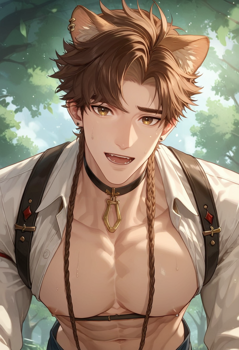 score_9,score_8_up,score_7_up,1boy,solo,yaoi,bara,male focus,fairly nsfw,uncersored,highres,best quality,amazing quality,best aesthetic,absurdres,<lora:add-detail-xl:1>,<lora:Expressive_H:1>,Expressiveh,<lora:sunce:0.7>,sunce,looking at viewer,animal ears, embarrassed, white shirt, open clothes, outdoors,