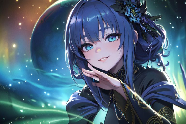 (masterpiece:1.4), 4K8K, (anime style), (high shutterspeed:1.4), (sharp edges), 
SyFyEye1, FanFo, 
1woman  hands togather,  leaning foward, face focus, smile, closed mouth, 
wearing Celtic style dress, (Detailed face, Detailed eyes, Detailed lips), (solo), 
Fantastic Forest at fantasy night, Fantastic Planets