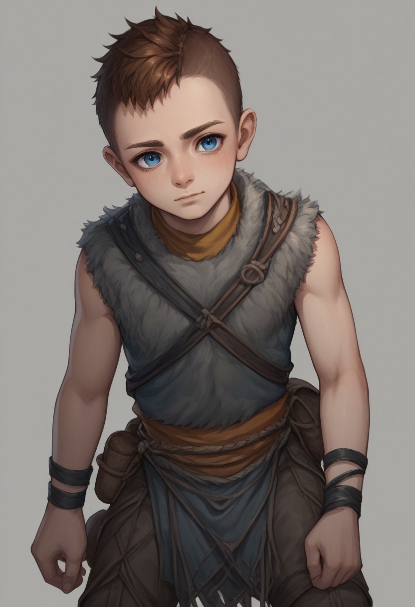score_9, score_8_up, score_7_up, source_anime, highly detailed, 1boy, solo, cute boy, Atreus, Blue Eyes, auburn Hair, Undercut, Grey Fur Tunic, Brown Boots, loincloth, sleeveless