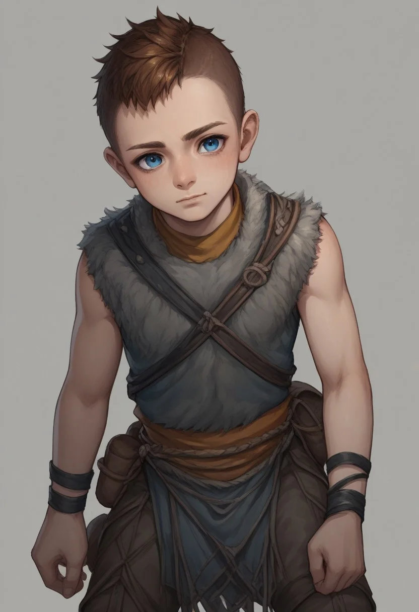 score_9, score_8_up, score_7_up, source_anime, highly detailed, 1boy, solo, cute boy, Atreus, Blue Eyes, auburn Hair, Undercut, Grey Fur Tunic, Brown Boots, loincloth, sleeveless