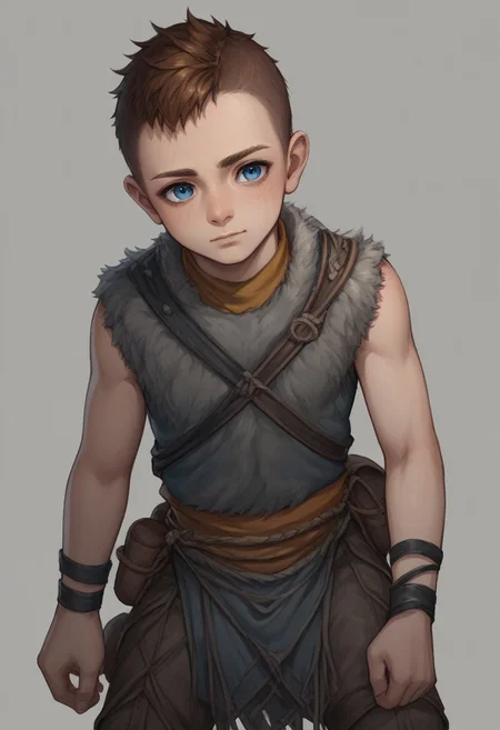 score_9, score_8_up, score_7_up, source_anime, highly detailed, 1boy, solo, cute boy, Atreus, Blue Eyes, auburn Hair, Undercut, Grey Fur Tunic, Brown Boots, loincloth, sleeveless