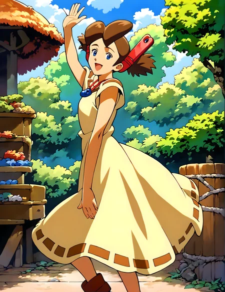 <lora:pony_xl_josette>,josette,score_9,score_8_up,score_7_up,source_anime,1girl,solo,looking_at_viewer,yellow dress,boots,lower the ocarina from the neck,nature,grove,standing,arms_up,waving,smile,laughing,full_shot,