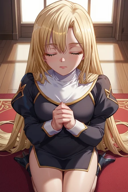 score_9, score_8_up, score_7_up, source anime,1girl,solo,pov,<lora:Tita_Luvens:1>NunTita,blonde hair,very long hair,bangs,white collar,long sleeves,puffy sleeves,black dress,white cuffs,sideless skirt,kneeling,praying,looking down,closed eyes,,head tilt,chruch,altar,red carpet,stained glass,full body,from above,cowboy shot,from front,evening light