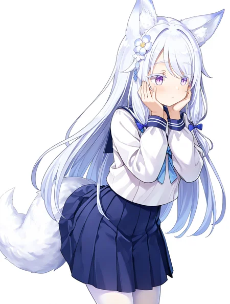 masterpiece,best quality,very aesthetic,absurdres,
1girl,solo,<lora:Uranami_AZ_illuV01_b6g1:1>,purple eyes,white hair,swept bangs,sidelocks,blue bow on sidelocks,white fox tail,white eyelashes,white flower ornament,fox ears,
school_uniform,serafuku,skirt,pantyhose,
standing,hands on own face,