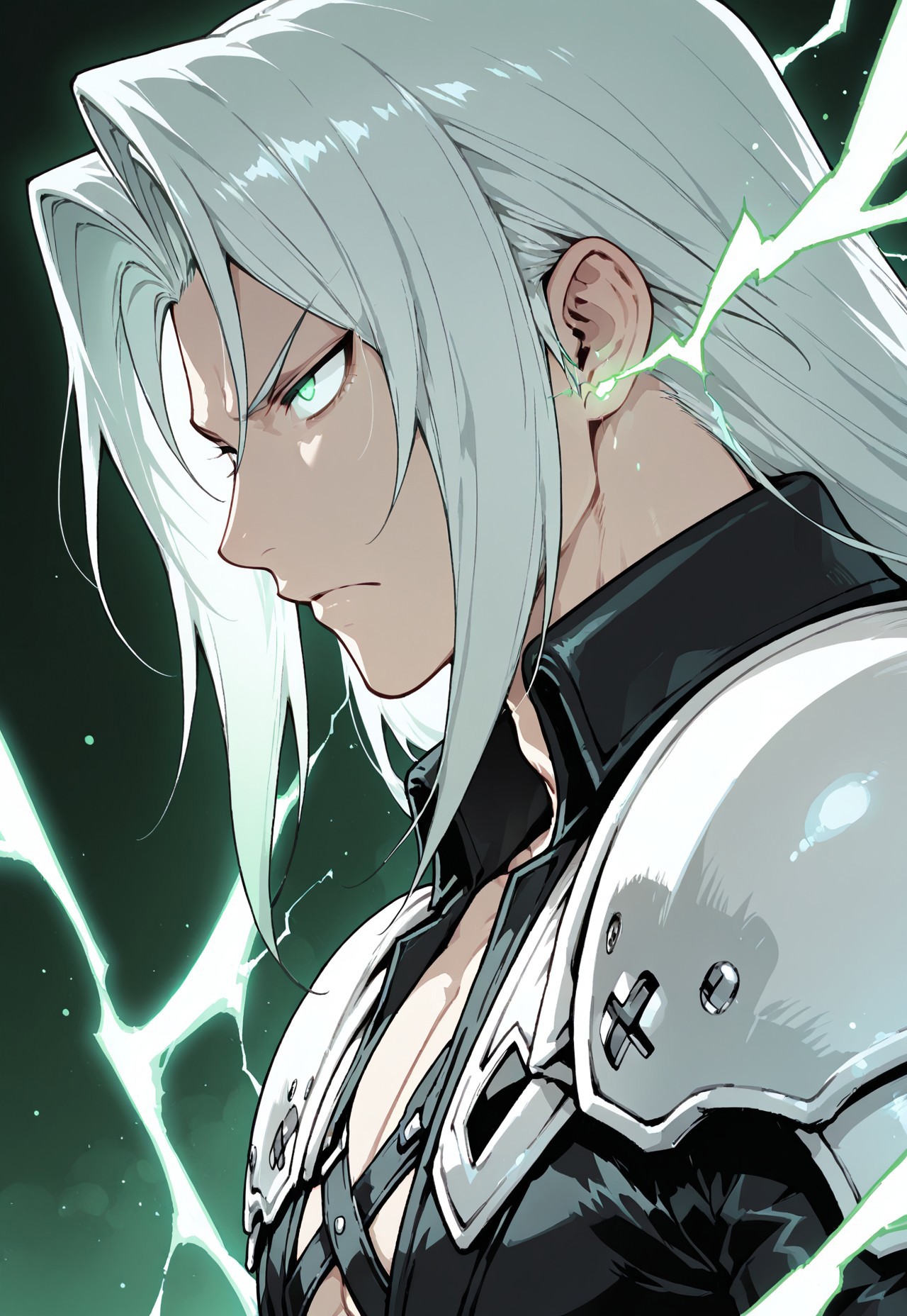 masterpiece, best quality, amazing quality
sephiroth, final fantasy, 1boy, solo, green lightning, symbol, intense stare, green particles, glowing lines in air, side view, energy, cinematic green lighting,