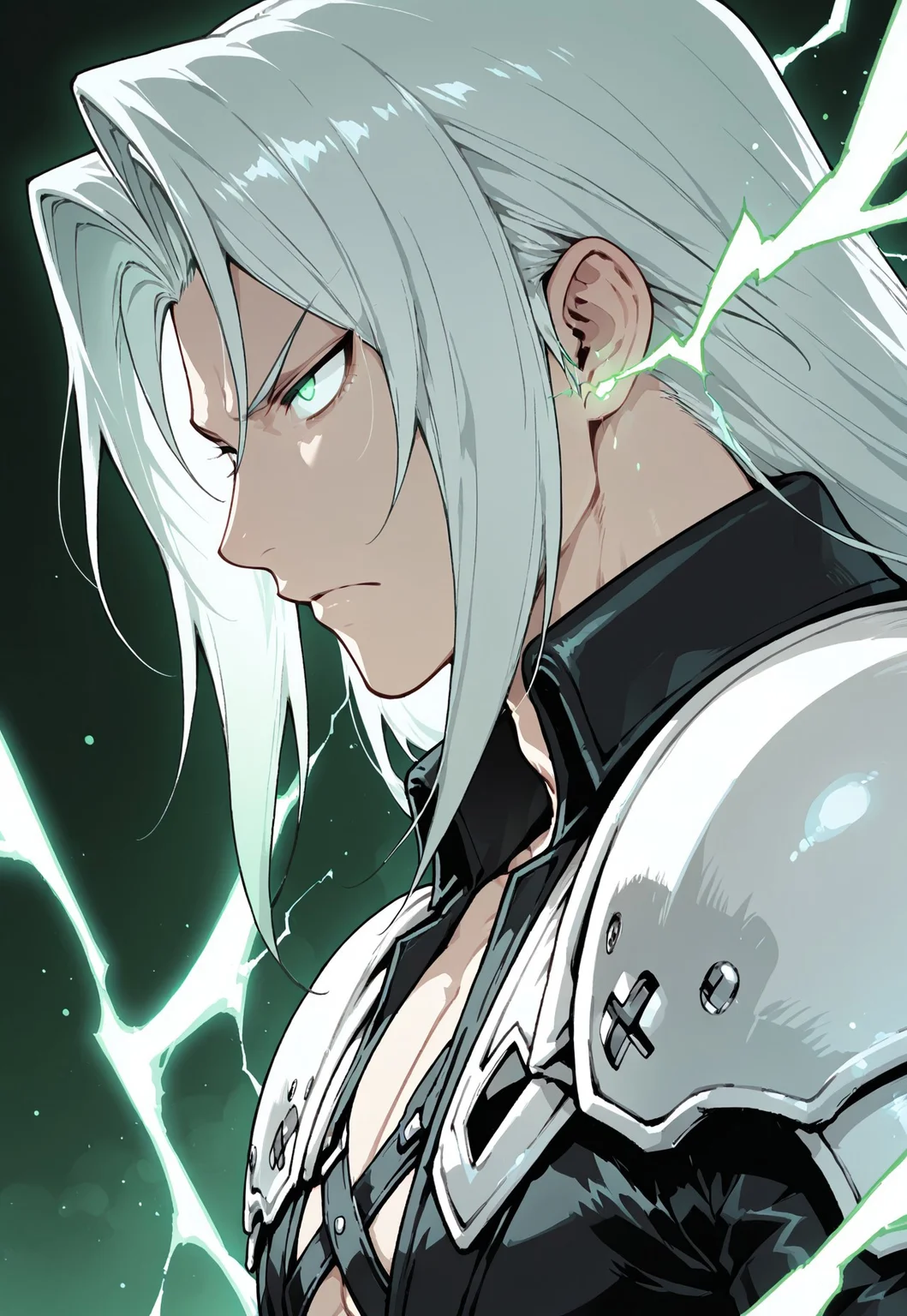 masterpiece, best quality, amazing quality
sephiroth, final fantasy, 1boy, solo, green lightning, symbol, intense stare, green particles, glowing lines in air, side view, energy, cinematic green lighting,