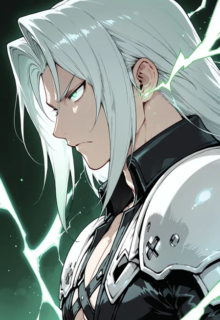 masterpiece, best quality, amazing quality
sephiroth, final fantasy, 1boy, solo, green lightning, symbol, intense stare, green particles, glowing lines in air, side view, energy, cinematic green lighting,