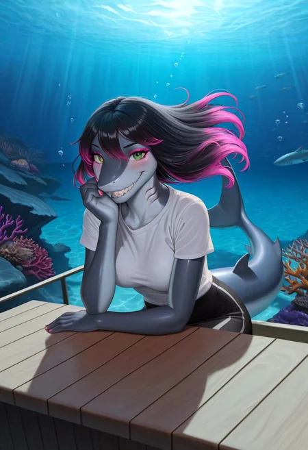 masterpiece, best quality, amazing quality, very aesthetic, high resolution, ultra-detailed, absurdres, newest, scenery, furry, anthro Shark, blushed, blush, blushing, detailed background, detailed hair, depth of field, slick glossy skin, photorealistic details, photorealistic , volumetric lighting, grin, sharp teeth, black hair, pink highlights, green highlights, smooth hair, silky hair, straight hair, thick eyelashes, pink eyeshadow, green eyes, fins, pink lips, Detailed face, detailed eyes, petite body, petite, suggestive smile, gills on neck, shiny hair, glossy hair, shark tail, fingernails, pink nail polish, medium breasts, shark ears, looking at viewer, cinematic lighting, dynamic lighting, t-shirt, miniskirt, sitting behind table, hands on table, date, on date, dating, sitting, sit, ((underwater, air bubbles, air bubble, floating hair, underwater cafe, underwater effect, water refraction, light ripples, water light ripples, underwater light patterns, dappled light, underwater light, completely submerged, submerfed cafe)), round cafe table, deep underwater, (ocean floor, underwater, deep sea, ocean depths, marine life, submarine landscape, coral reef, sea bed, abyss, underwater world, deep ocean, ocean trench, subaquatic, undersea, underwater scenery, sea floor, aquatic ecosystem), sit, sitting, sits behind table