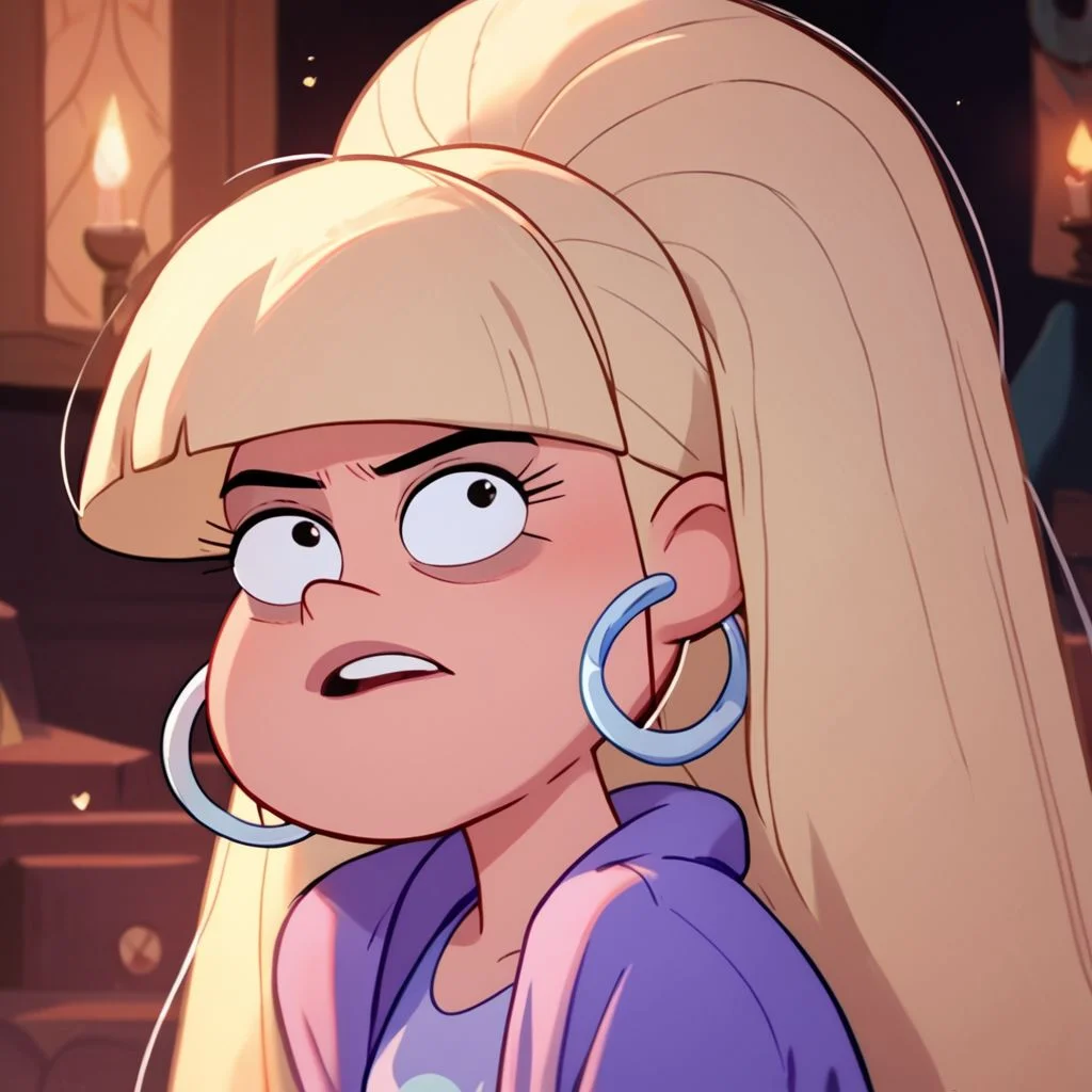 score_9, score_8_up, score_7_up, score_6_up, score_5_up, score_4_up, 1girls, Pacifica, blond hair, in a haunted house, flashlight, hoop earrings, solo