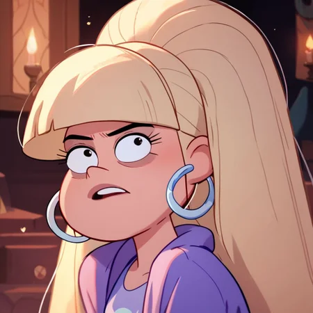 score_9, score_8_up, score_7_up, score_6_up, score_5_up, score_4_up, 1girls, Pacifica, blond hair, in a haunted house, flashlight, hoop earrings, solo