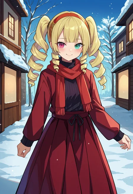 score_9, score_8_up, source_anime, 1girl, solo, KoamiSumire, heterochromia, blonde hair, long hair, twintails, drill hair, red hairband, turtleneck sweater, long skirt, outdoors, scarf, winter, smile, blush, <lora:ChamKoamiSumirePonyXL:1>