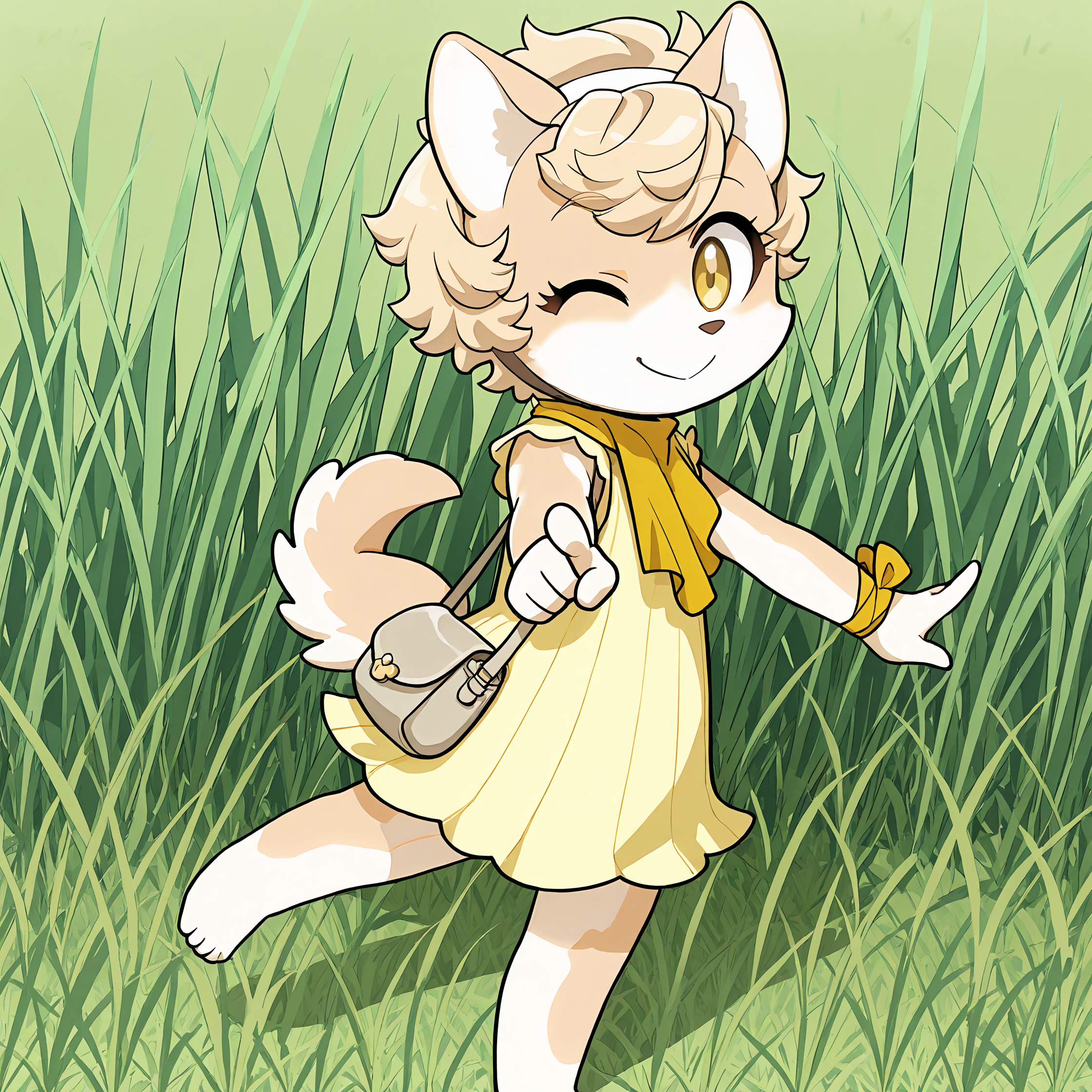 BREAK, <lora:Chick_Montblanc_Illustrious_V1:1>, Chick Montblanc, Fuga: Melodies of Steel, kemono, furry female, 1girl, dog girl, beige fur, white fur, multicolored fur, yellow eyes, blonde hair, short hair, animal ears, dog ears, dog tail,
BREAK, Fuga 1 Outfit, barefoot, yellow dress, sleeveless, handbag, yellow neckerchief, wrist ribbon, hairband,
BREAK, solo, outside, grass, standing, one eye closed, smile, pointing at viewer, looking at viewer,