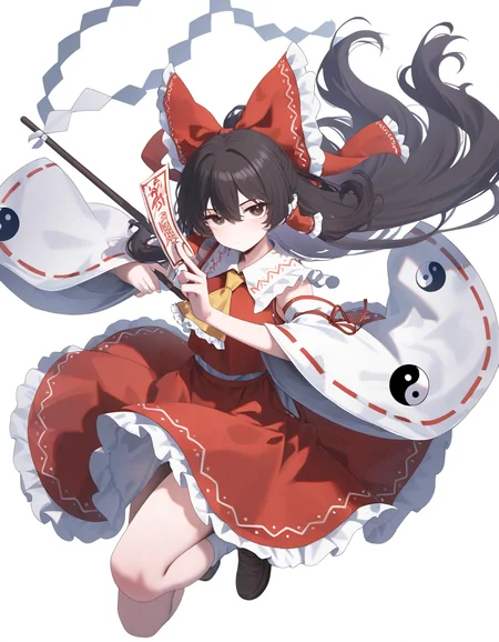 1girl, hakurei reimu, 
looking at viewer, (solo:1.2), simple background, sush1spin, orb, detached sleeves, red skirt, brown footwear, bow, frills, closed mouth, shide, hair between eyes, ascot, yellow ascot, white legwear, japanese clothes, ribbon trim, yin yang, hair tubes, vest, red bow, skirt, shoe, long hair, black hair, long sleeves, brown eyes, gohei, skirt set, frilled ascot, ofuda, white background, yin yang orb, holding, holding gohei, full body, wide sleeves, ribbon-trimmed sleeves, red vest, socks, miko,
masterpiece, best quality, very aesthetic, newest, absurdres, incredibly absurdres
 <lora:sush1spin-000018:1>