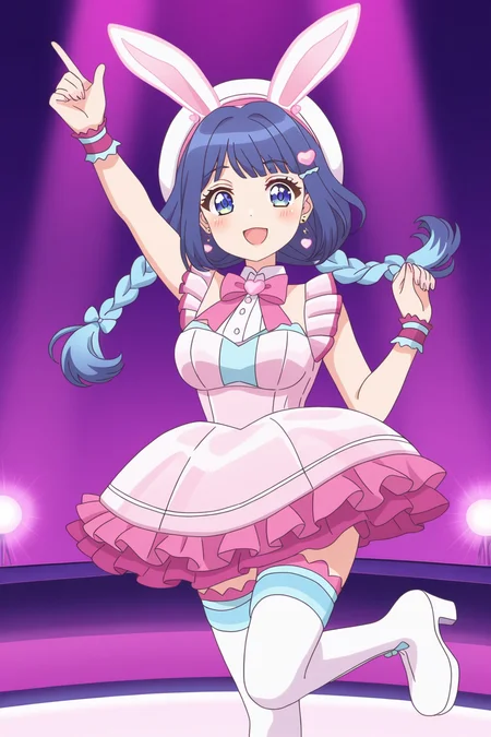 <lora:Tokyo_Mew_Mew_New:1>, Mewmewnew, 1girl, pink hair, blue eyes, twin braids, solo, thighhighs, braid, smile, virtual youtuber, long hair, white thighhighs, dress, multicolored hair, streaked hair, open mouth, frills, hair ornament, breasts, boots, blush, looking at viewer, wrist cuffs, rabbit ears, bow, animal ears, idol, twintails, glowstick, earrings, sleeveless, hairclip, white footwear, skirt, pink bow, bowtie, medium breasts, :d, standing on one leg, arm up, ribbon, frilled dress, pink dress, stage, stage lights, heart, concert, jewelry, pink bowtie, white shirt, high heels, shirt, blue hair, fake animal ears, standing, hat, index finger raised