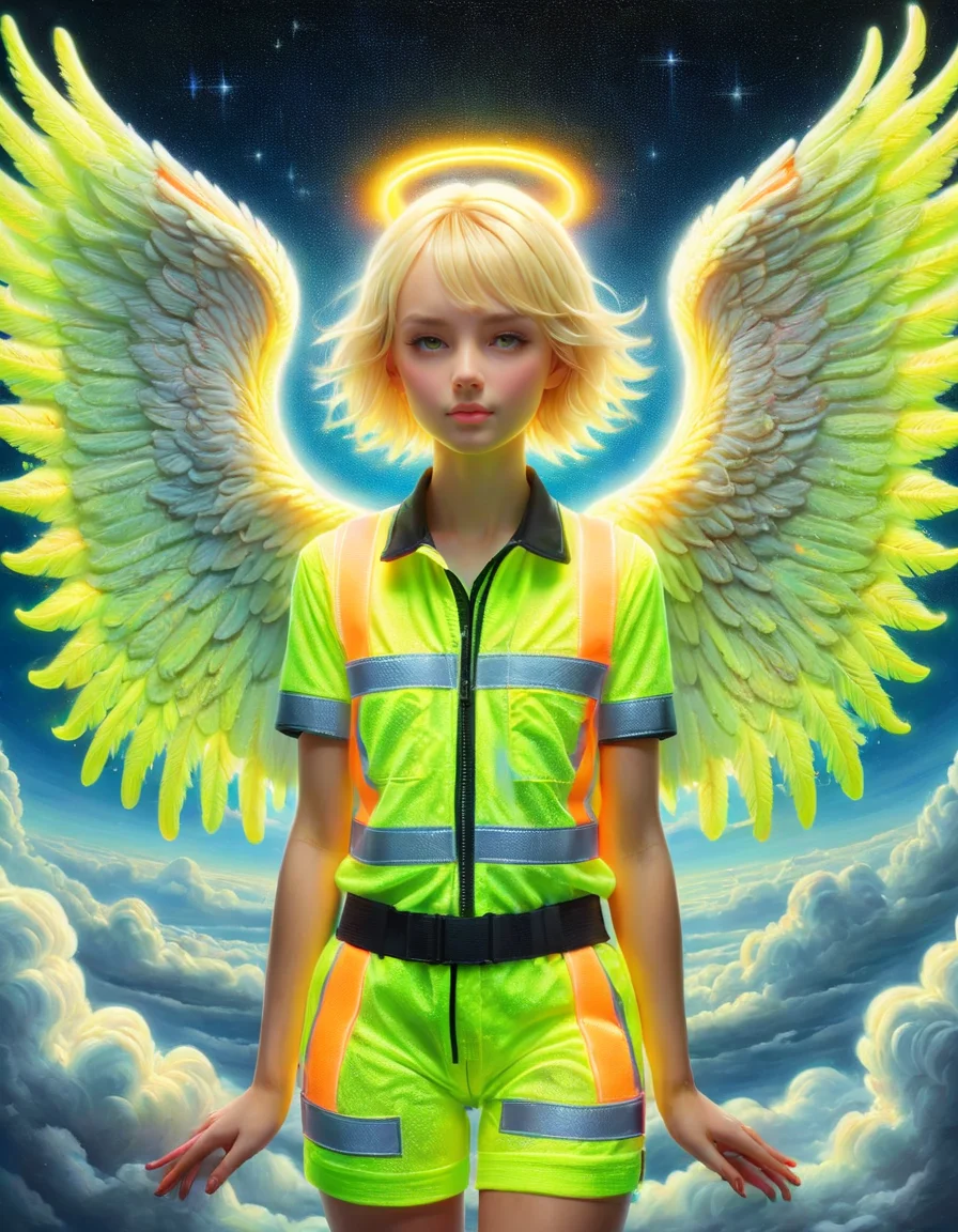 masterpiece, detailed, beautiful, oil painting, 1girl, angel, large ral-highvis angel wings, halo, ral-highvis fabric, floating in the air, in the sky, transfiguration, heavenly enlightenment, clouds, romantic, magical, fantasy, falling star, astral BREAK short blonde hair, laced hair, ral-highvis <lora:ral-highvis-sdxl:1>