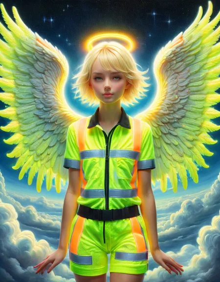 masterpiece, detailed, beautiful, oil painting, 1girl, angel, large ral-highvis angel wings, halo, ral-highvis fabric, floating in the air, in the sky, transfiguration, heavenly enlightenment, clouds, romantic, magical, fantasy, falling star, astral BREAK short blonde hair, laced hair, ral-highvis <lora:ral-highvis-sdxl:1>