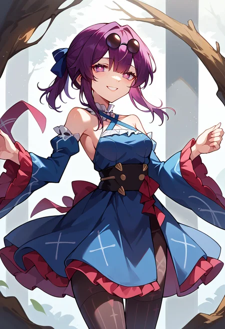 score_9, score_7_up, source_anime, solo, come hither, smile, cowboy shot,  BREAK  <lora:kafkahsr-ponyxl-bshi-v1:1> KafkaHSR, pince-nez, eyewear on head, purple hair, sidelocks, short ponytail, purple eyes, empty eyes,, hair ribbon, frilled choker, criss-cross halter, sleeveless dress, high-waist skirt, backless dress, blue dress, waist blue bow, detached sleeves, frilled sleeves, wide sleeves, blue sleeves, black pantyhose, patterned legwear, pinstripe pantyhose, mary janes, layered dress,
