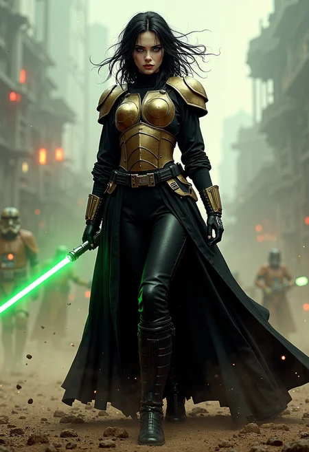 Illustration combining oil-canvas and semi-realistic comic-book style image with a Star Wars theme, star wars style, mythp0rt, Pale skin tone, dynamic, woman. The main subject of the image is a beautiful French woman in her 30s. She is a goth girl with very pale skin, with messy black hair, blue eyes, high cheekbones, and full rosy lips. She has one beauty mark mole beside her mouth. She has smokey eyeshadow. She is wearing a sci-fi bronze raiment of armor including a breastplate. She is wearing long black robes, leather boots, bracers, belt, featuring a long skirt. She is attacking with a green lightsaber in a glamorous pose, stretching in such a way that it demonstrates sensual physicality, at unique angles. She is standing on a dramatic battlefield, occluded with smoke and dust. Sharp Focus, Volumetric Lighting, Realistic Shading, Octane Render, Realistic, professional, 4k, highly detailed,, portrait photography, capturing emotion, personality, flattering lighting, professional, engaging, compelling composition.