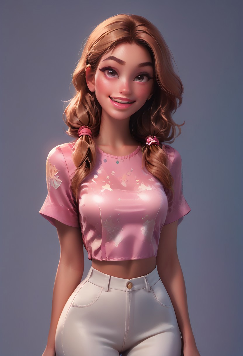 score_9, score_8_up, score_7_up, score_6_up, 18 years old, straight hair, low ponytails, big smile, flirty grin, perfect face, cropped_satin_teeshirt, glossy lips, turning to face viewer, head tilt, 1 girl, perky, looking at viewer, adorable, petite body, cowboy shot, looking at viewer, round face, 18 years old, cutest girl in the world, cowboy shot
