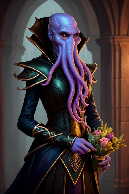 Closeup fullbody portrait of female illithid, mind flayer, <lora:mindflayer-14:1> feminine mind flayer, wearing a sorceress dress, bald ,horrific and twisted underground city strange geometry, intricate background, atmospheric scene, masterpiece, best quality, (detailed face, detailed skin texture, ultra-detailed body:1.1), modern, feminine+, large breasts, shiny wet skin, looking at viewer, modelshoot style, (extremely detailed CG), photo of beautiful artwork, High Detail, Sharp focus, dramatic+, (photorealistic), Intricate, otherworldly, mysterious, highly detailed, fantasy, holding a pretty bouquet of flowers, and with a gentle expression in her eyes